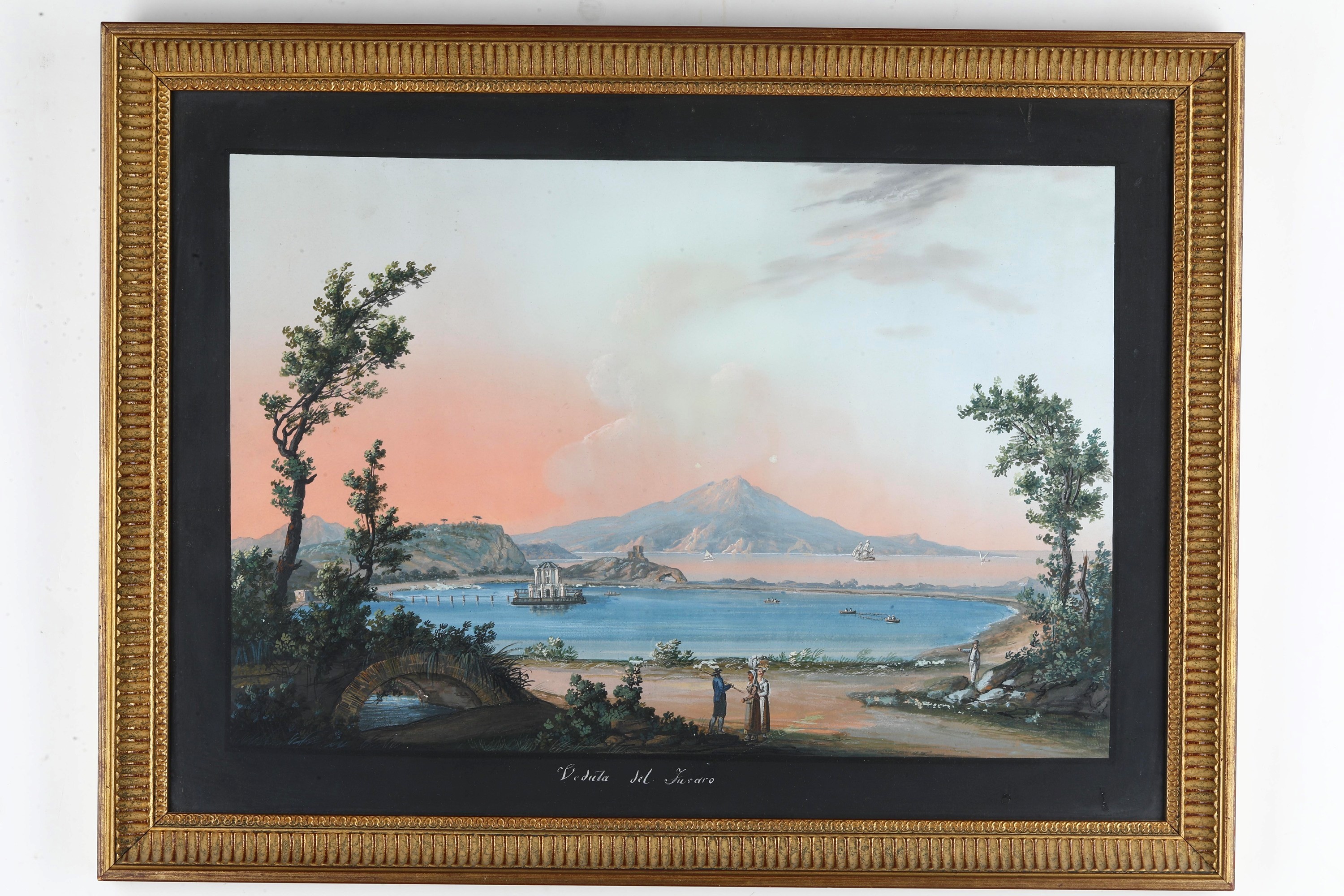 Pittore del XIX secolo, Veduta dal Fusaro, Golfo di Baia, coppia di gouaches su carta
