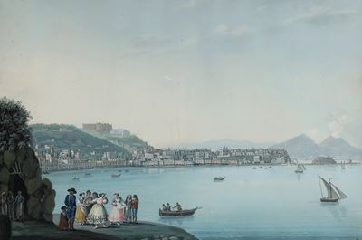 Pittore del XIX secolo, Veduta costiera con figure e Vesuvio sullo sfondo, gouache su carta