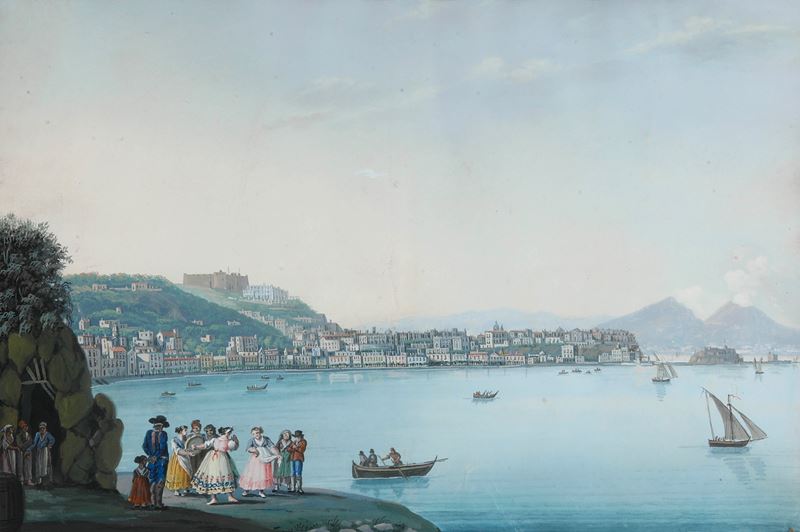 Pittore del XIX secolo Veduta costiera con figure  - gouache su carta - Auction Scientific Instruments and Maritime Art - Cambi Casa d'Aste