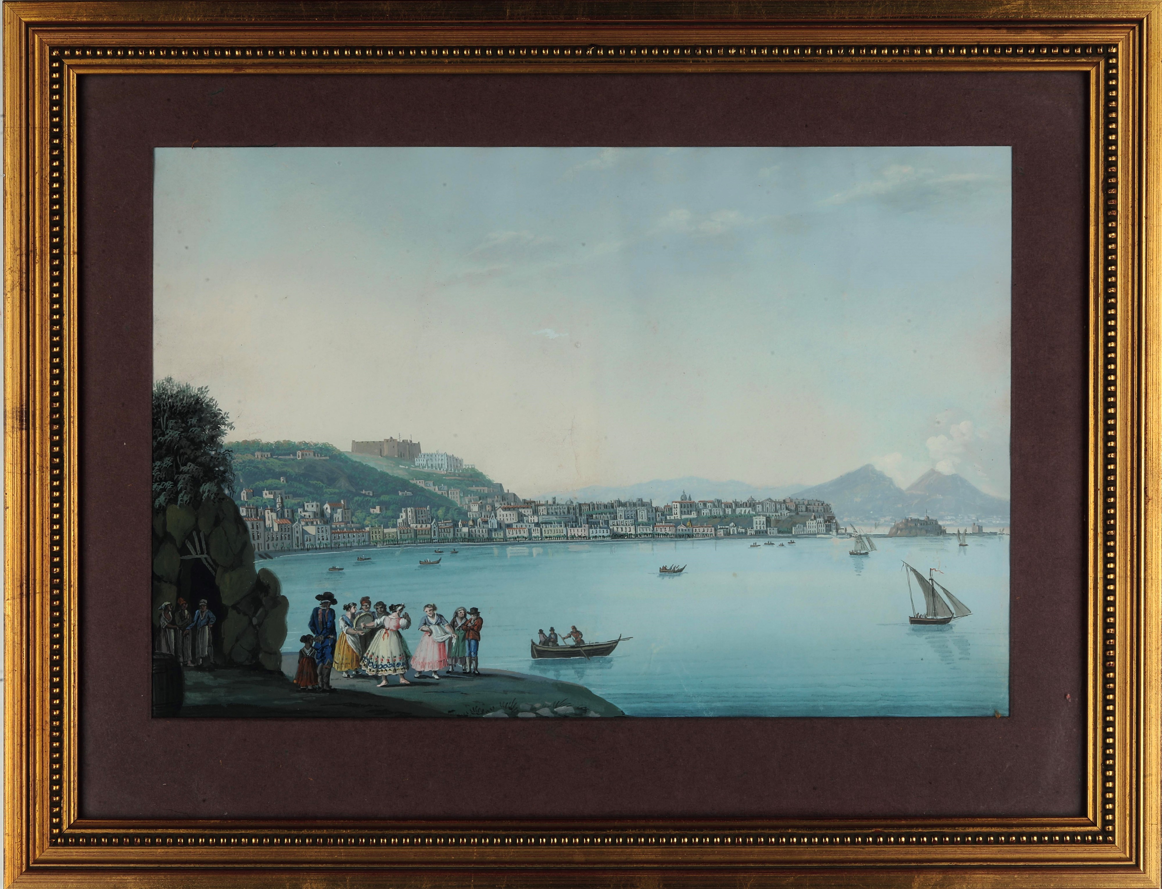 Pittore del XIX secolo, Veduta costiera con figure e Vesuvio sullo sfondo, gouache su carta