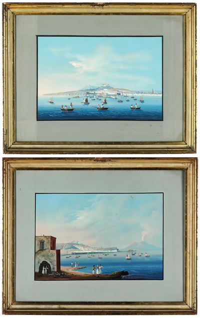 Pittore del XIX secolo, Vedute del Golfo di Napoli, coppia di gouaches su carta