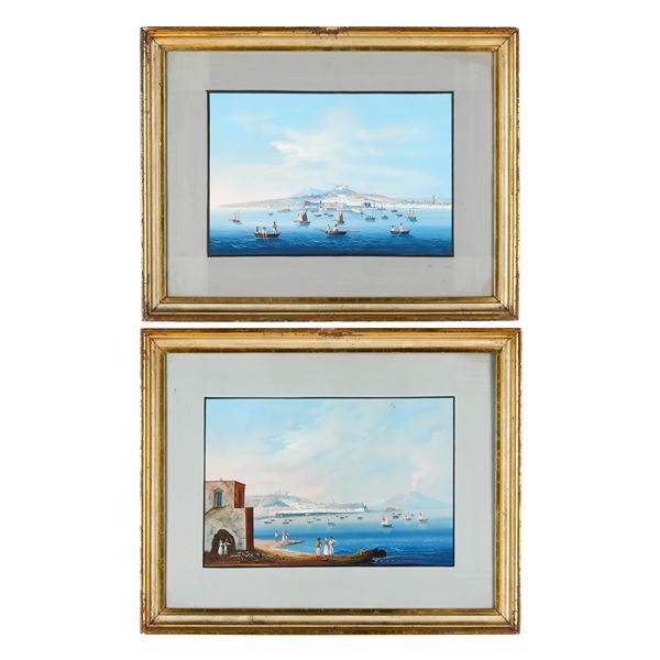 Pittore del XIX secolo Coppia di vedute del Golfo di Napoli