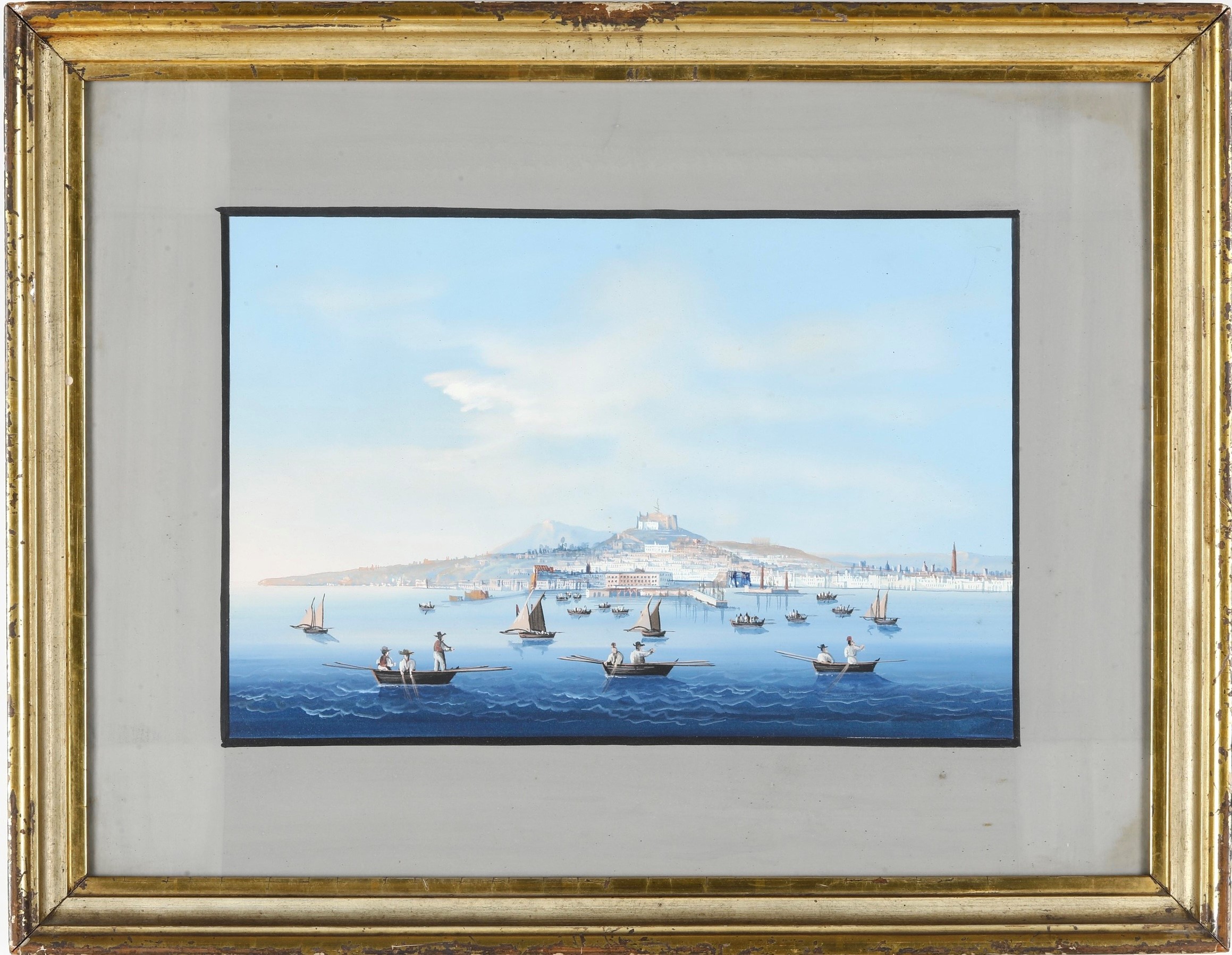 Pittore del XIX secolo, Coppia di vedute del Golfo di Napoli, gouache su carta