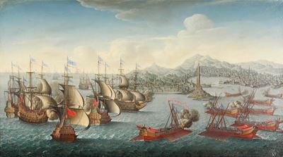 Scuola del XVII secolo, Battaglia navale di fronte al porto di Genova, olio su tela