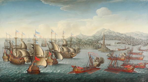 Scuola del XVII secolo Battaglia navale di fronte al porto di Genova