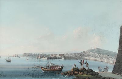 Pittore del XIX secolo, Veduta del Golfo di Napoli con la collina di San Martino, gouache su cart...