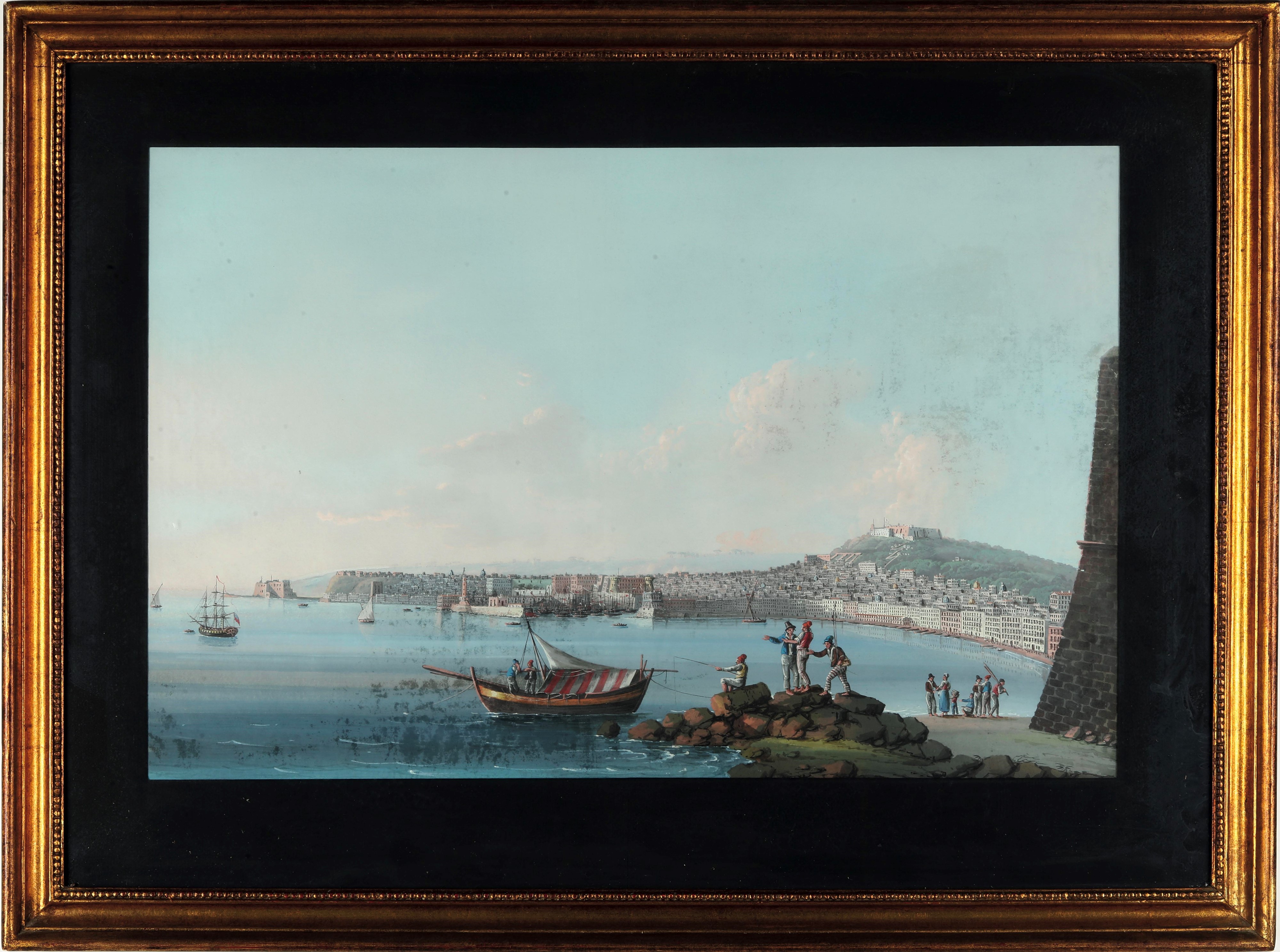 Pittore del XIX secolo, Veduta del Golfo di Napoli con la collina di San Martino, gouache su cart...
