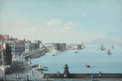 Scuola del XIX secolo, Veduta della passeggiata di Napoli col Vesuvio (gouache su carta)