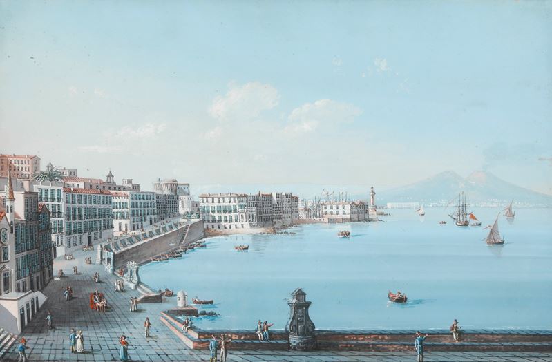 Pittore del XIX secolo Veduta della passeggiata di Napoli col Vesuvio  - gouache su carta - Auction Scientific Instruments and Maritime Art - Cambi Casa d'Aste