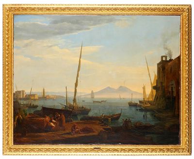 Scuola della fine del XVIII secolo, Veduta di porto con Vesuvio, olio su tela