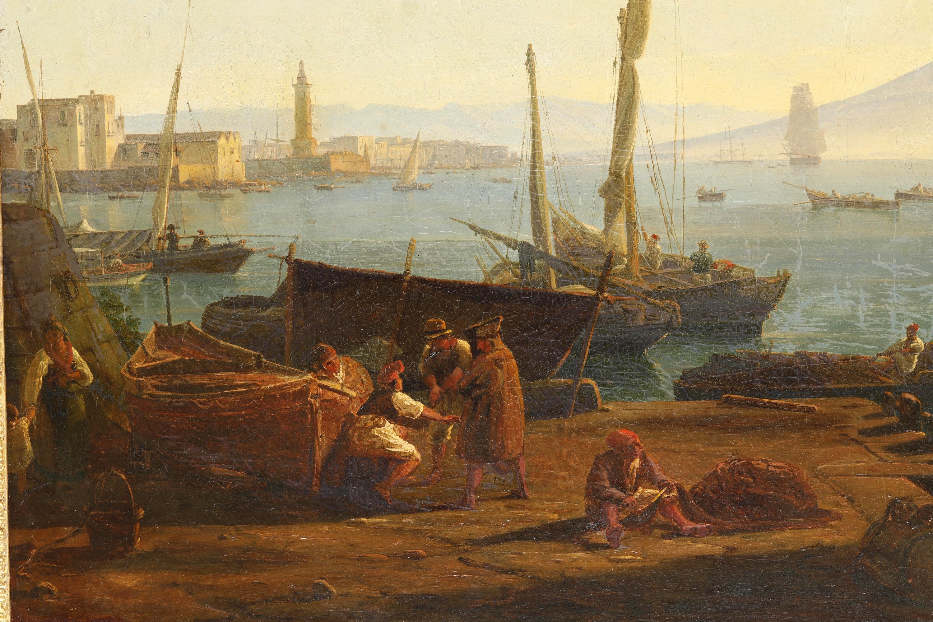 Scuola della fine del XVIII secolo, Veduta di porto con Vesuvio, olio su tela