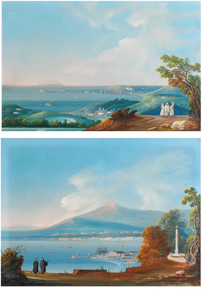 Pittore del XIX secolo, Coppia di vedute costiere, gouaches su carta
