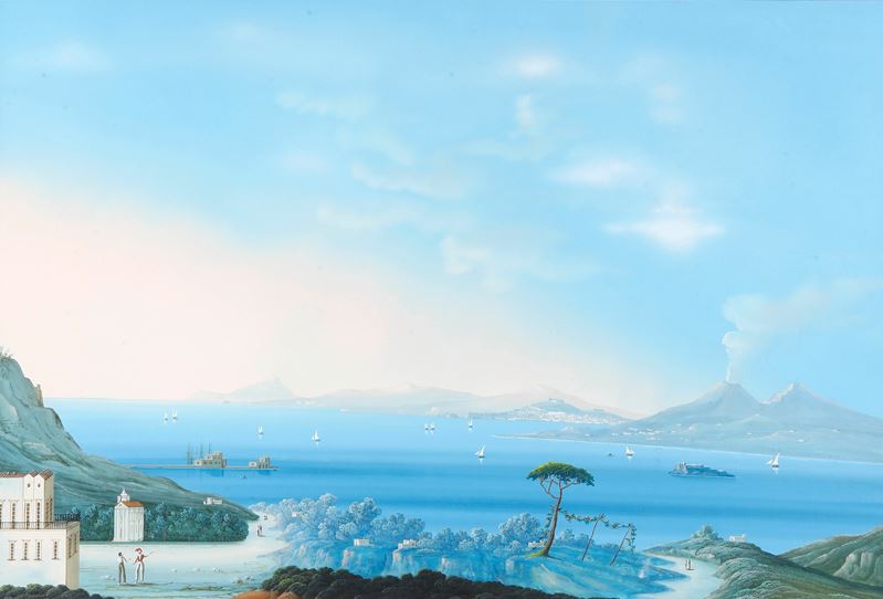 Pittore del XIX secolo Veduta del Golfo di Napoli  - gouache su carta - Asta Strumenti Scientifici e Arte Marinara - Cambi Casa d'Aste