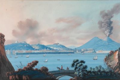 Pittore del XIX secolo, Veduta del Vesuvio da Posillipo, gouache su carta