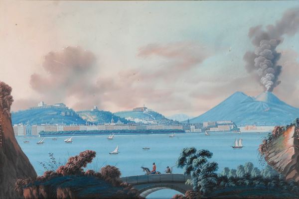 Pittore de XIX secolo Veduta del Vesuvio da Posillipo