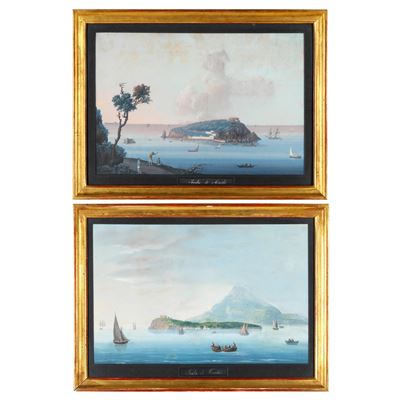 Pittore del XIX secolo, Veduta di Ischia e Veduta di Procida, gouache su carta