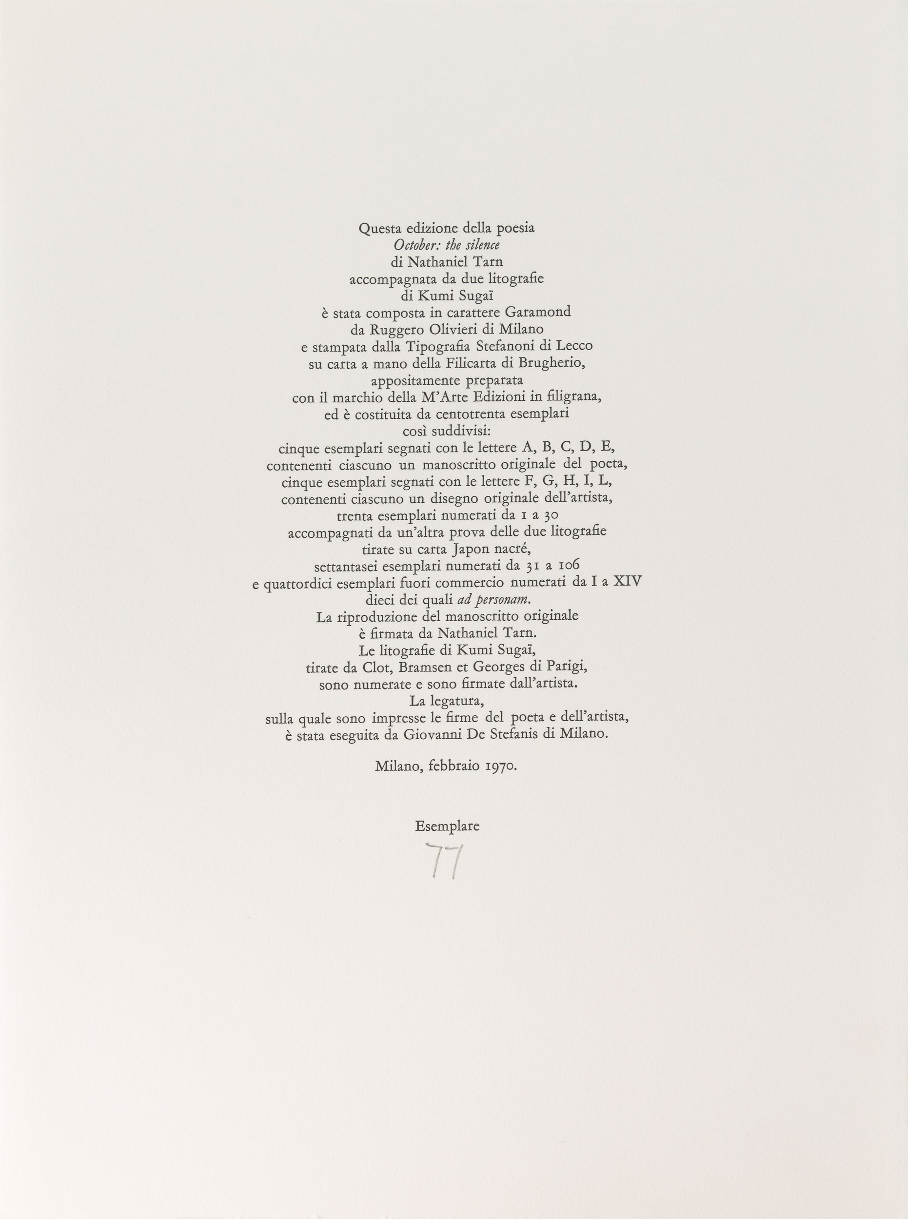 Kumi Sugai - Nathaniel Tarn - Kumi Sugai, Nathaniel Tarn, October: The Silence (libro d’artista c...