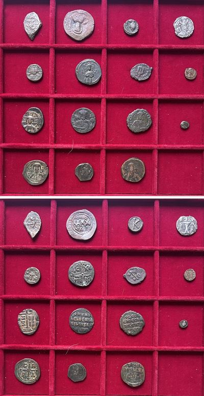 Lotto di quindici monete bizantine, bronzo, vari imperatori e dracma sasanide
