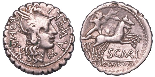 AURELIA. M. Aurelius Scaurus, Licinius Crassus and Cn. Domitius Ahenobarbus Narbo, 118 a.C. Denario serrato.