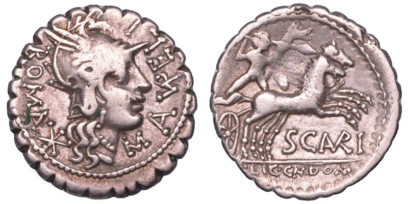 AURELIA. M. Aurelius Scaurus, Licinius Crassus and Cn. Domitius Ahenobarbus Narbo, 118 a.C. Denario serrato.  - Asta Numismatica - Cambi Casa d'Aste