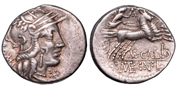 CALIDIA. Cn. Fulvius, M. Calidius and Q. Metellus, 117-116 a. C. Denario.