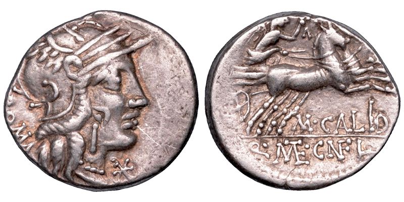 CALIDIA. Cn. Fulvius, M. Calidius and Q. Metellus, 117-116 a. C. Denario.