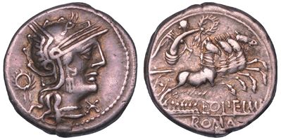 Opimius, Denario del 131 a.C. con Testa di Roma e Vittoria su Quadriga