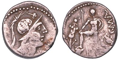 POBLICIA, Denario con Busto di Marte e Giovane Nudo, 96 a.C.