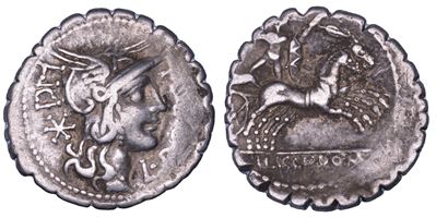 Porcius Licinius, Denario serrato, 118 a.C.