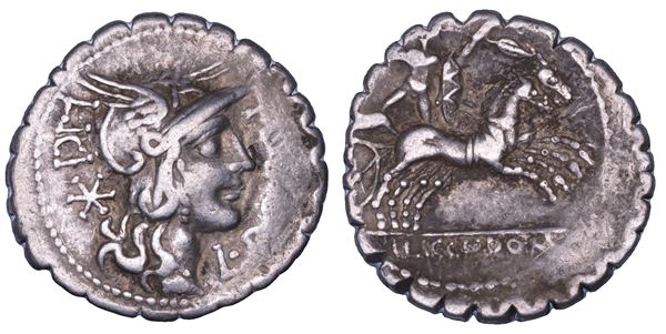 PORCIA. L. Porcius Licinius, 118 a.C. Denario serrato.
