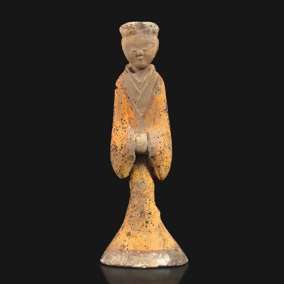 Figura femminile di corte, terracotta con tracce di policromia, Cina, Dinastia Han (206-220)