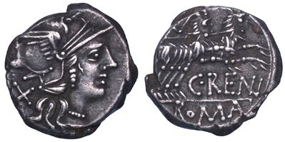 C. Renius, Denario con Testa elmata di Roma e Giunone Caprotina, 138 a.C.