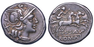 L. Saufeius, Denario con Testa di Roma e Vittoria in Biga, 152 a.C.