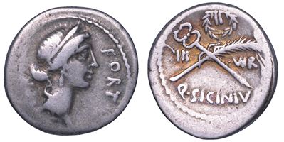 Q. Sicinius, Denario con Testa diademata della Fortuna, 49 a.C.