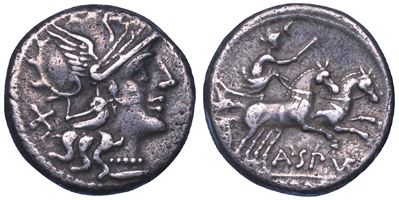 A. Spurilius, Denario con Testa di Roma e Diana in Biga, 139 a.C.