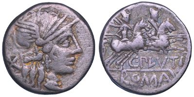 C. Plutius, Denario con Testa di Roma, 121 a.C.