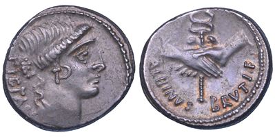Postumia, Denario di Decimus Postumius Albinus Bruti, 48 a.C.