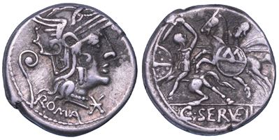 C. Servilius Vartia, Denario con Testa di Roma e Guerriero a Cavallo, 127 a.C.