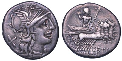 L. Trebanius, Denario con testa di Roma e Giove, 135 a.C.