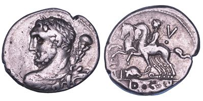 Ti. Quinctius, Denario con Busto di Ercole e Desultor