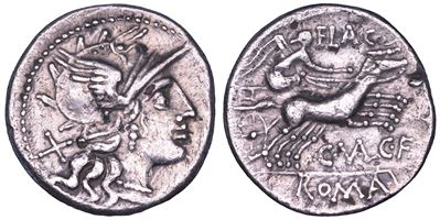 C. Valerius C.f. Flaccus, Denario suberato con la Vittoria su biga, 140 a.C.