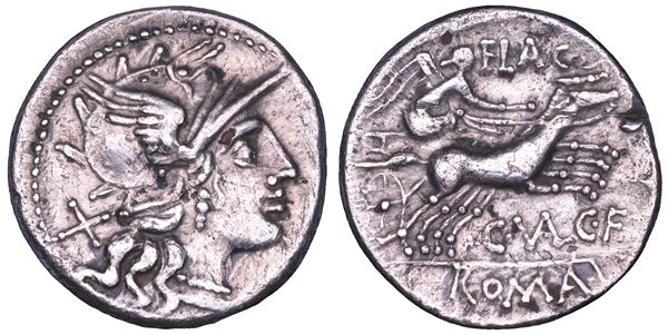 VALERIA. C. Valerius C.f. Flaccus, 140 a. C. Denario suberato.