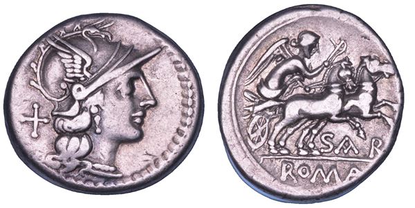 ATILIA. Atilius Saranus, 155 a.C. Denario.