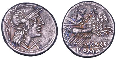 M. Papirius Carbo, Denario, 122 a.C., Argento suberato