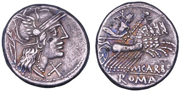 PAPIRIA. M. Papirius Carbo. Denario, 122 a.C. (suberato)