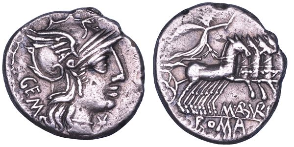 ABURIA. M. Aburius M.f. Geminus, 132 a.C. Denario.