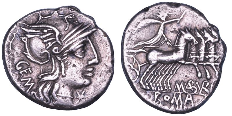 ABURIA. M. Aburius M.f. Geminus, 132 a.C. Denario.