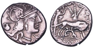 Sex. Pompius Fostlus, Denario con Testa di Roma e La Lupa che Allatta Romolo e Remo, 137 a.C.