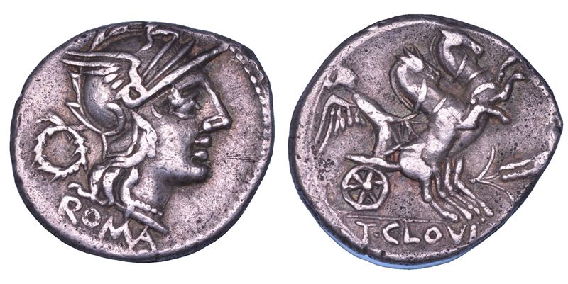 CLOULIA. T. Cloulius (or Cloelius), 128 a.C. Denario.