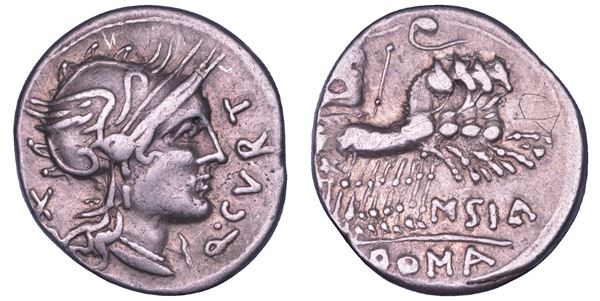 CURTIA. Q. Curtius e M. Silanus, 116-115 a.C. Denario.
